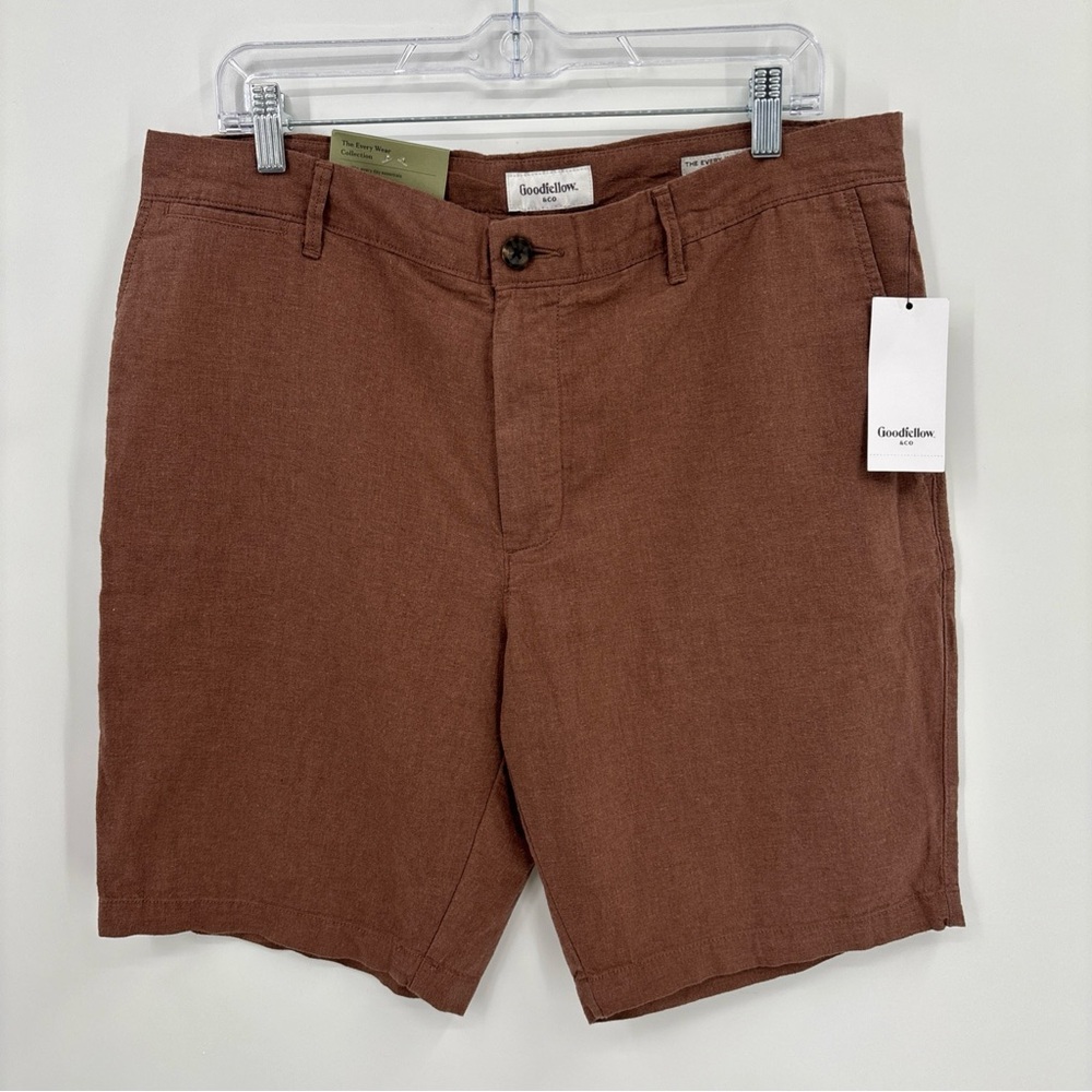 NWT Goodfellow Mens Linen Cotton Shorts 34” The Every Wear Brown Flat Front 9”